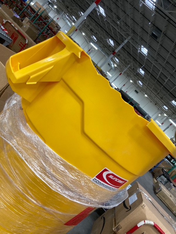 Photo 1 of **broken**Suncast Commercial Products 44 Gallon Trash Can with Vented Channels, Ergonomic Handles, Rolled Upper Lip, Made in The USA, Yellow, Made in The USA