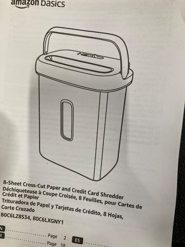Photo 1 of **BASKET CRACKED/PARTS ONLY***Amazon Basics 8-Sheet Cross Cut Paper and Credit Card Shredder for Security, Heavy Duty, White