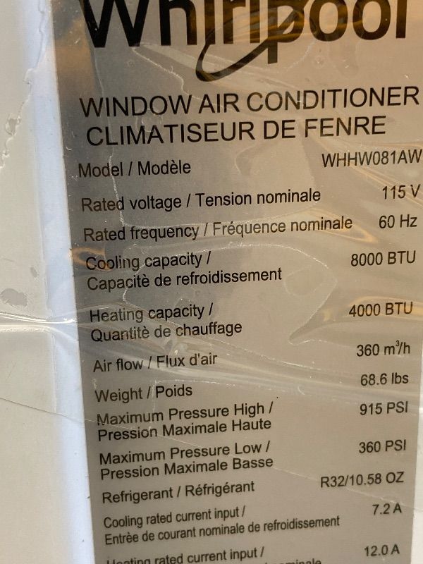 Photo 1 of ***DAMAGED SELLING AS PARTS ONLY***Whirpool Window Air Conditioner, 8,000 BTU up to 350 Sq Ft. | Supplemental Heat, Heater for Apartment, Living Room, Bedroom,