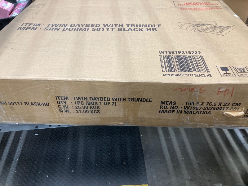 Photo 1 of **NOTE: ONE BOX OF TWO IS INCOMPLETE**   PVWIIK Twin Size Daybed with Trundle for Boy/Girl,Velvet Upholstered Wood Daybed w/Side Gold Iron Design & Soft Plaid Guardrail for Small Space Design,Black