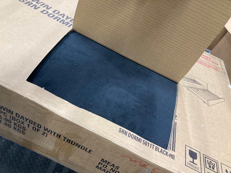 Photo 1 of **NOTE: ONE BOX OF TWO IS INCOMPLETE**   PVWIIK Twin Size Daybed with Trundle for Boy/Girl,Velvet Upholstered Wood Daybed w/Side Gold Iron Design & Soft Plaid Guardrail for Small Space Design,Black