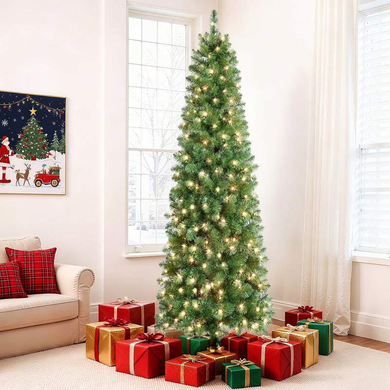 Photo 1 of **MISSING STAND**Alupussuc 6.5ft Prelit Artificial Slim Pencil Christmas Tree w/Warm White Lights, Full Branch Tips, Perfect Choice Decoration for Xmas Holiday