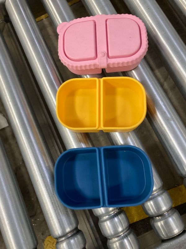 Photo 1 of ***MISSING 2 LIDS -SELLING AS INCOMPLETE SET*** ICEROYCE 3 Pack Reusable Silicone Snack Containers with 2 Lids, Meal Prep Containers 2 Compartments, Portable Silicone Food Storage Box for Picnic, Lunch, Office (3)