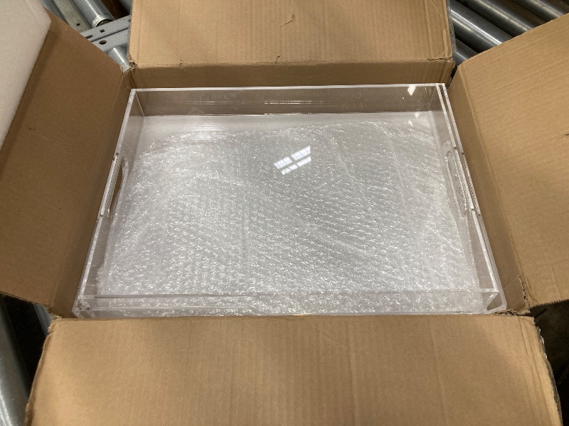 Photo 1 of **ONLY ONE***Collwait 2 Pack Serving Tray with Handles, Clear Acrylic Tray for Serving Food, Large Outdoor Food Trays for Eating, Lucite Acrylic Trays for Appetizer, Pizza, Fruit and Drinks, Unbreakable, 16"×12"