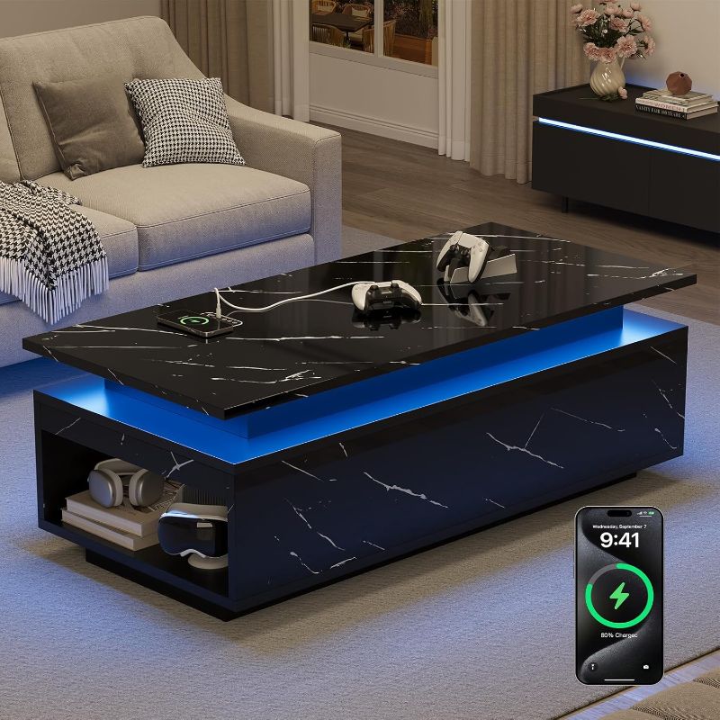 Photo 1 of **NOTE: THE DESCRIPTION AND PHOTOS ARE SIMILAR**    LED Coffee Table with Storage, Black Coffee Table with Wireless Charging and Speaker, High Glossy Modern Center Table with 24 Color LED Lights for Living Room Bedroom, Black