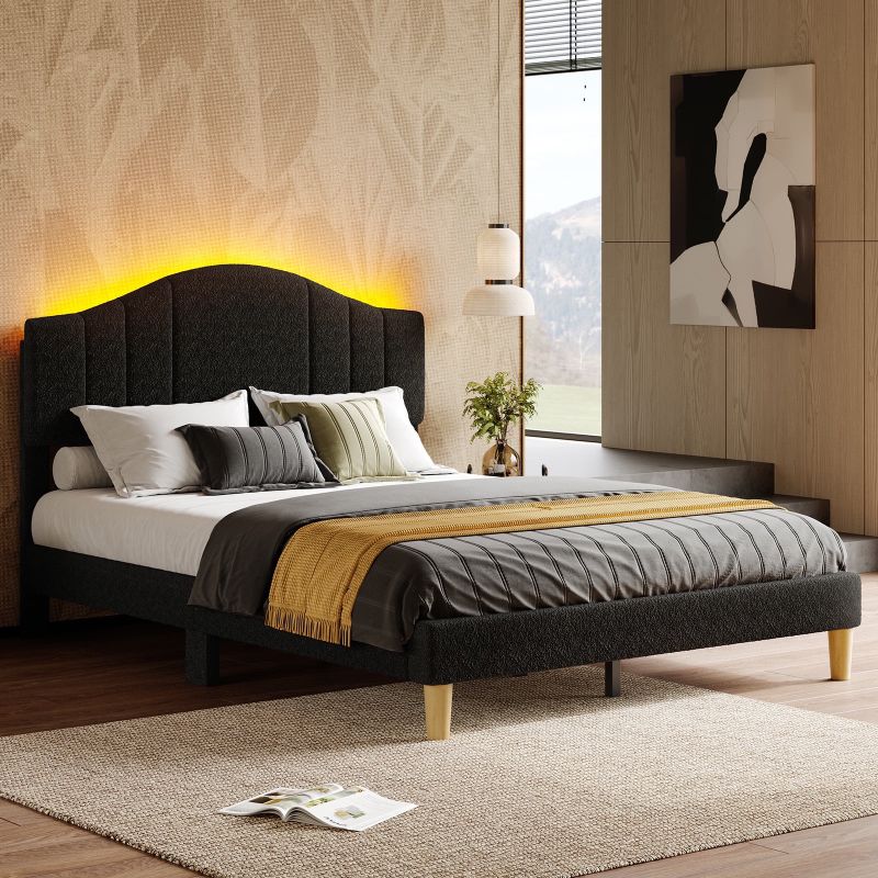 Photo 1 of ** HARDWARE ONLY** FRAME NOT INCLUDED Pinmoco Full Upholstered Bed Frame with Adjustable Arc-shaped Headboard, LED Platform Bed, Teddy Velvet Black
