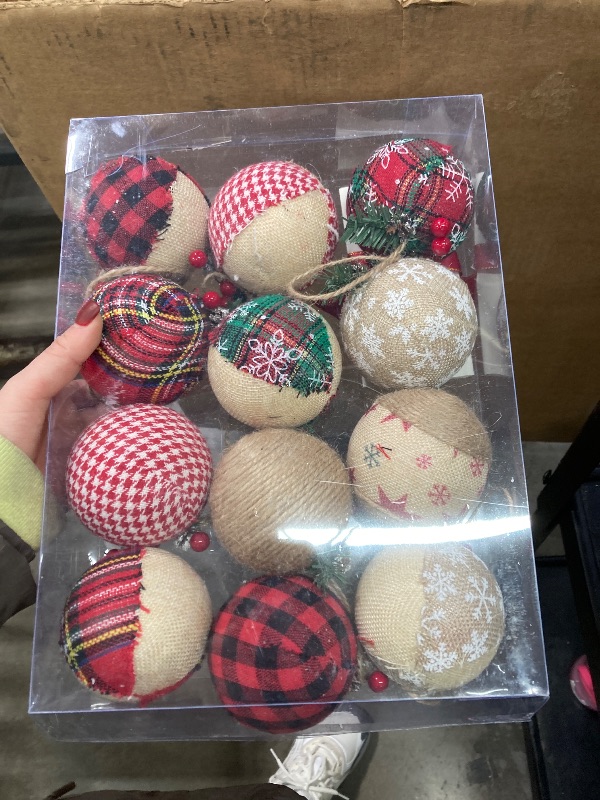 Photo 1 of 12 Pcs Burlap Christmas Ball Ornaments, 3.15 Inches Rustic Buffalo Plaid Christmas Tree Ornaments, Natural Jute Farmhouse Decorations for Xmas Tree, Holiday, Party