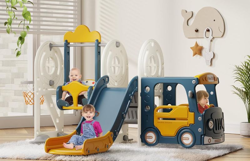 Photo 1 of **COLOR IS SLIGHTLY DIFFERENT/BLUE AND ORANGE**BIERUM Toddler Slide for Toddlers Age 1-3 with Basketball Hoop and Swing, Baby Slide for Kids Ideal Gift, Indoor Outdoor Backyard Playground Blue Yellow
