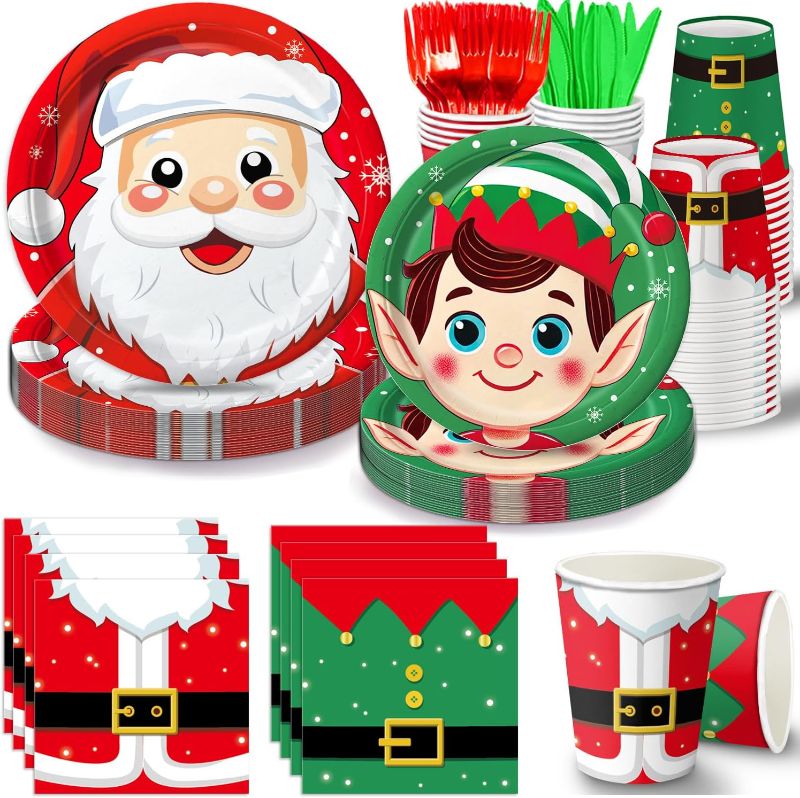 Photo 1 of 100Pcs Christmas Dinnerware Set Christmas Plates Napkins Party Decorations with Plates (9 & 7 inch) Cups Napkins for Xmas Tableware