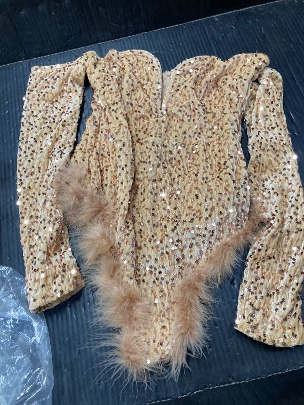 Photo 1 of ***WIRE IS BEGINNING TO POKE THRU BRA AREA***Figdaw Rhinestone Sequin Bodysuit Sexy Feather Trim Romper Birthday Photoshoot Outfits for Women Party Club Night,Gold,S,C6228***S******WIRE IS BEGINNING TO POKE THRU BRA AREA***