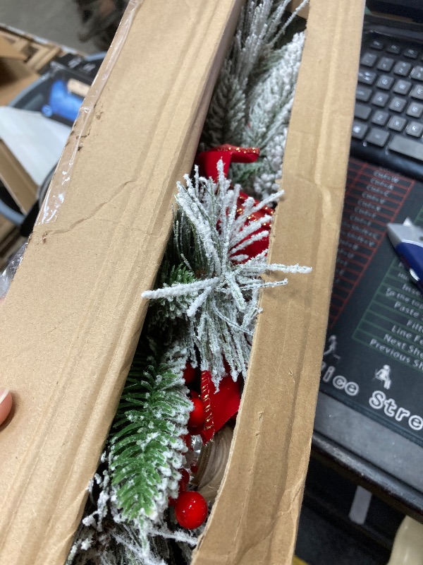 Photo 1 of 1 Pack 24 Inch Christmas Swags - Large Snow Teardrop Swag for Stair Window Mantle Fireplace Door Christmas Decorations, Pine Cone with Red Bow & Red Berries Garlands, Xmas Wreath Indoor Outdoor Decor