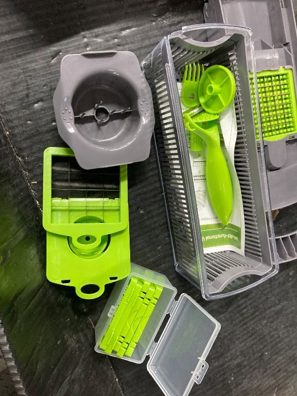 Photo 1 of ***CONTAINER IS CRACKED AS PICTURED***LSLCQW Vegetable Chopper: 16 in 1 Food Chopper - Onion Vegetable Slicer Cutter Dicer, Veggie Cutter with Container, 7 Blades, Kitchen Gadgets for Carrot Salad Garlic Potato Slicer (Grey)***CONTAINER IS CRACKED AS PICT