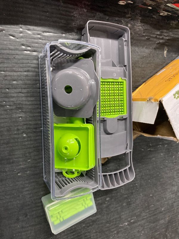 Photo 1 of ***CONTAINER IS CRACKED AS PICTURED***LSLCQW Vegetable Chopper: 16 in 1 Food Chopper - Onion Vegetable Slicer Cutter Dicer, Veggie Cutter with Container, 7 Blades, Kitchen Gadgets for Carrot Salad Garlic Potato Slicer (Grey)***CONTAINER IS CRACKED AS PICT