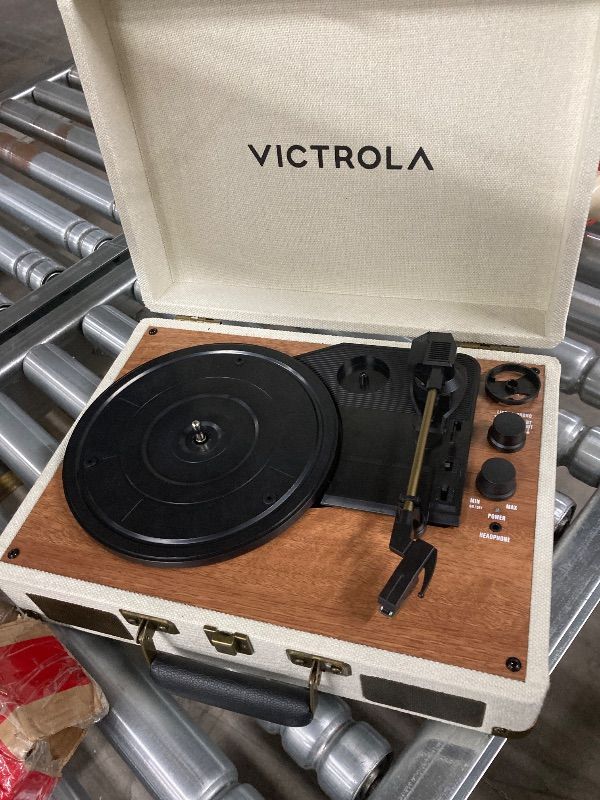 Photo 1 of ***MISSING CORDS, USED/UNTESTED -SELLING AS IS*** Victrola Venture Bluetooth Portable Mid-Century Modern Suitcase Record Player with 3-Speed Turntable & Built-in Speakers | Oak