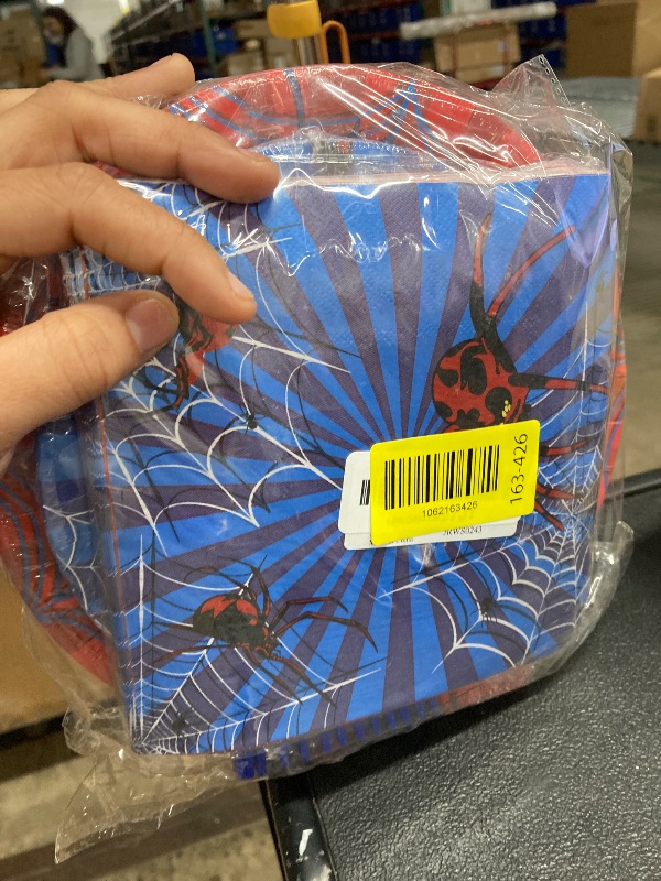 Photo 1 of 100 Pcs Spider Party Tableware Set – Disposable Red and Blue Plates, Napkins, and Forks with Spider and Web Designs for Halloween, Kids Birthday Parties, and School Celebrations – Serves 25 Guests
