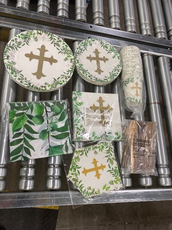 Photo 1 of ***MISSING PIECES -SELLING AS INCOMPLETE*** Sparkle and Bash 169-Piece Baptism & Confirmation Party Decorations & Tableware Set - Gold Cross with Green Border - 24 Plates, Cups, Napkins, Cutlery, Tablecloth