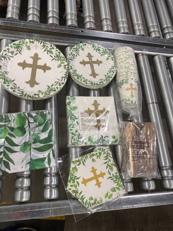 Photo 1 of ***MISSING PIECES -SELLING AS INCOMPLETE*** Sparkle and Bash 169-Piece Baptism & Confirmation Party Decorations & Tableware Set - Gold Cross with Green Border - 24 Plates, Cups, Napkins, Cutlery, Tablecloth