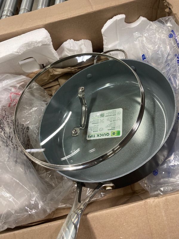 Photo 1 of ***DAMAGE -SELLING AS IS *** GreenPan Valencia Pro Hard Anodized Healthy Ceramic Nonstick 4.5QT Saute Pan Jumbo Cooker with Lid, PFAS-Free, Induction, Dishwasher Safe, Oven Safe, Gray