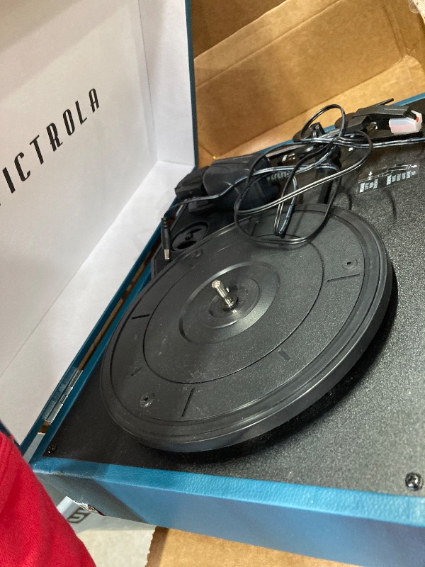 Photo 1 of ***MISSING CORD -SELLING AS IS*** Victrola Journey Bluetooth Portable Suitcase Record Player – with Built-in Speakers, 3 Speed Vinyl Record Player, RCA Out, Headphone Jack (Blue Coral)