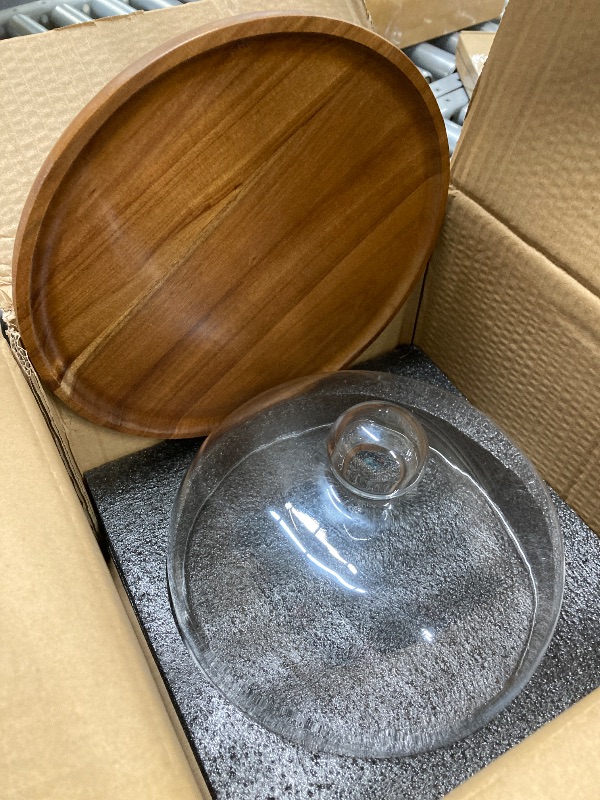 Photo 1 of 10 Inch Wooden Base Cake Display Stand with Glass Dome,Cloche Clear Glass Bell Jar Cover for Dessert Cheese Candy Plants Succulents