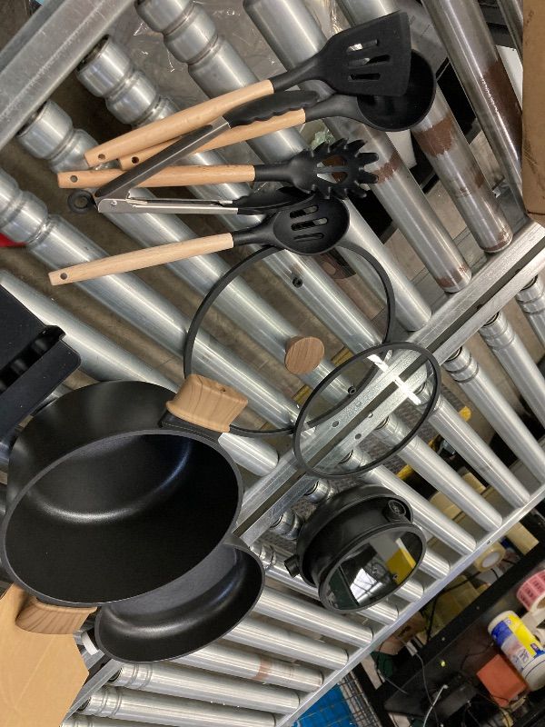 View 6 of **MISSING 1 KNOB AND 3 HANDLESAND I PAN**Astercook 18-Piece Pots and Pans Set, Nonstick Cookware Set with Elegant Wooden Handle, Oven Safe to 480°F, Induction Compatible, Camping and Picnic, Black