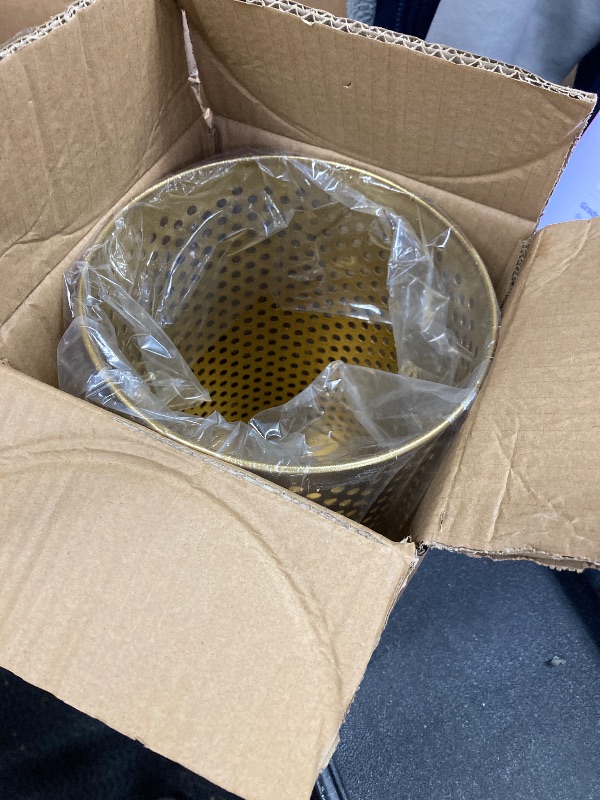 Photo 1 of ***This wastebasket is super small. It could maybe hold two Gatorade bottles.***Small Gold Metal Trash Can Wastebasket, Decorative Hollow-Out Garbage Can Waste Paper Bin, Modern Farmhouse Round Trash Bin for Bathroom, Bedroom, Kitchen and Office (Dots)***
