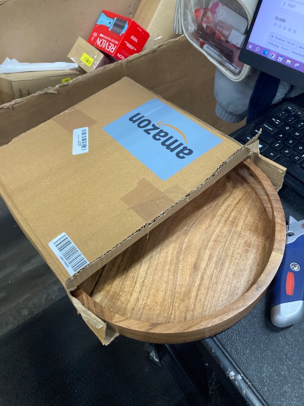 Photo 1 of ***cracked***Samhita Round Serving Acacia Wooden Tray with Handles for Serving Beverages & Food on Bar Living Room Home Dining Table (12" x 12" x 1.6")***cracked***