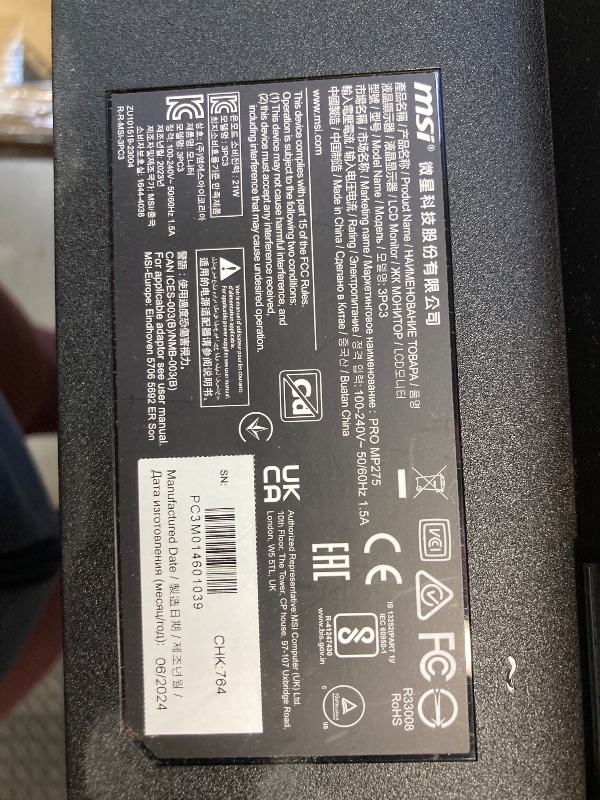 Photo 1 of ***POWER CORD MISSING***msi PRO MP275Q 27 Inch WQHD Office Monitor - 2560 x 1440 IPS Panel, 100 Hz, Eye-Friendly Screen, Built-in Speakers, Tilt-Adjustable - HDMI 2.0b, DP (1.2a)***POWER CORD MISSING***