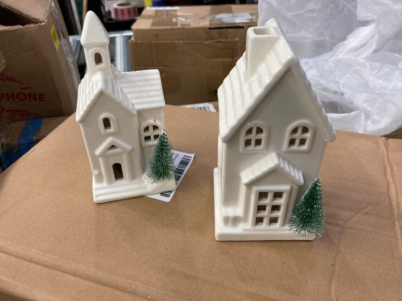 Photo 1 of **ONLY 2 PIECES***Nuogo 6 Pcs Light Up Ceramic Christmas Trees and Village Sets Ceramic White Christmas Trees with LED Lights Glitter Snow Porcelain Village Houses for Xmas Party Winter Holiday Table Decorations