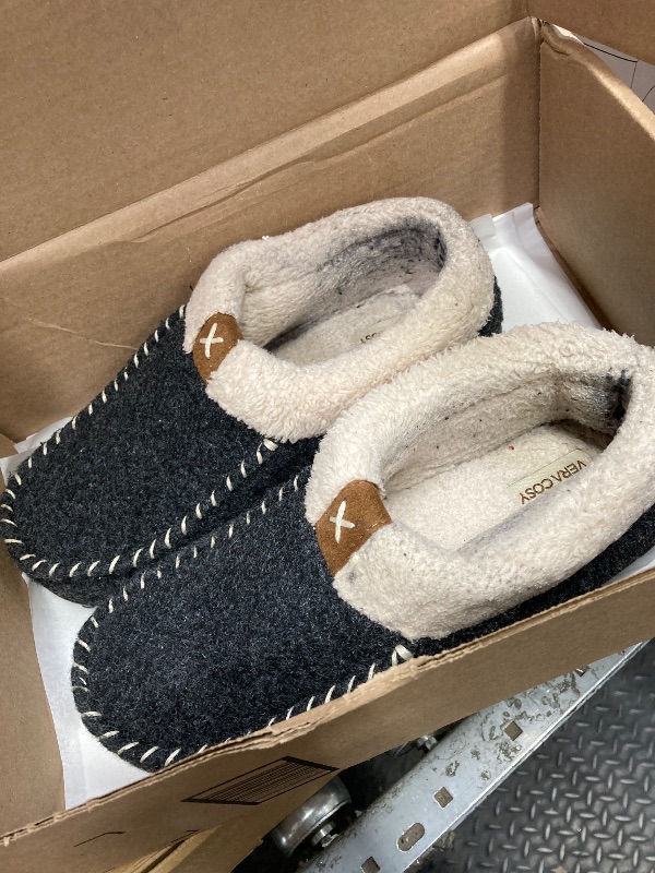 Photo 1 of ***USED, FOOTBED, HEEL INSIDE AREA WORN/FUZZIES -SELLING AS IS*** VeraCosy Women's Memory Foam Moccasin Slippers - Cozy Indoor House Shoes with Fleece Lining & Non-Slip Sole Black, 8 US