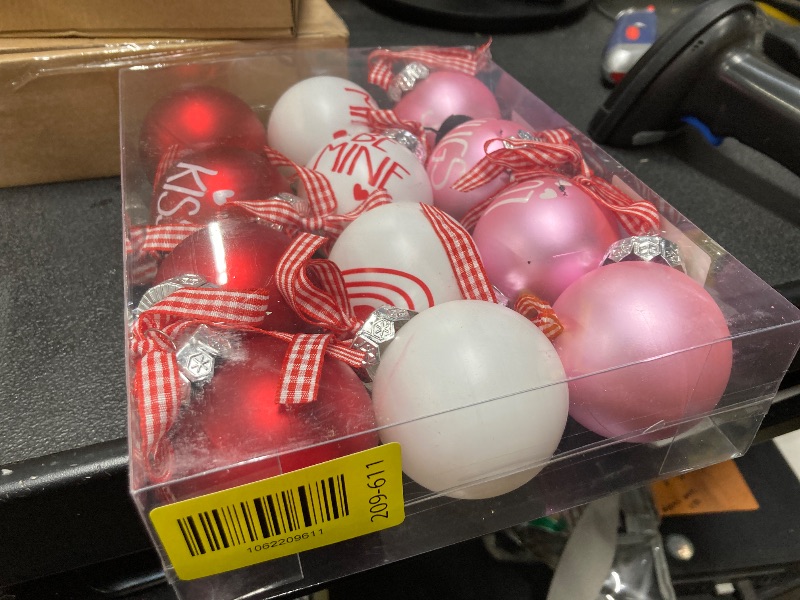 View 2 of *Some ornaments are broken* 12 Pcs Valentines Day Ball Ornaments - 2.36 Inch Red Pink White Valentines Day Letter Hanging Decorations Buffalo Plaid Balls Ornaments for Tree Valentine's Day Party Supplies Decorations
