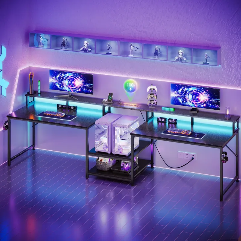 Photo 1 of *Pieces broken/Chipped* Casacomoda 98" Computer Desk with USB Ports & Power Outlets, Large Gaming Desk with Display Stand & LED Strip, Storage Shelves for Home Office, Suitable for 2 People Use, Black

