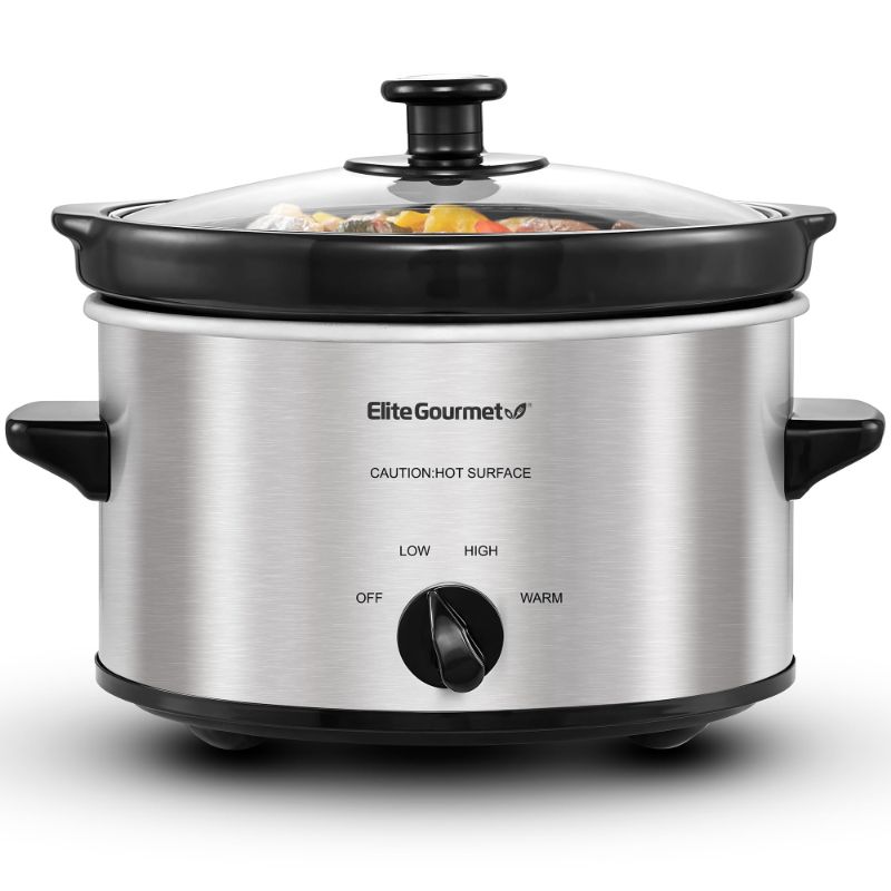 Photo 1 of *Missing ceramic inside piece* Elite Gourmet MST-275XS Electric Oval Slow Cooker, Adjustable Temp, Entrees, Sauces, Stews & Dips, Dishwasher Safe Glass Lid & Crock (2 Quart, Stainless Steel)