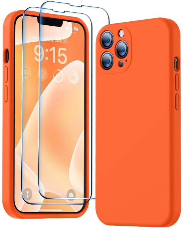 Photo 1 of *2 pack* BossKiss Compatible with iPhone 13 Pro Case, Premium Silicone Upgraded [Camera Protection] [2 Screen Protectors] [Soft Anti-Scratch Microfiber Lining] Phone Case for iPhone 13 Pro 6.1'' - Neon Orange x2