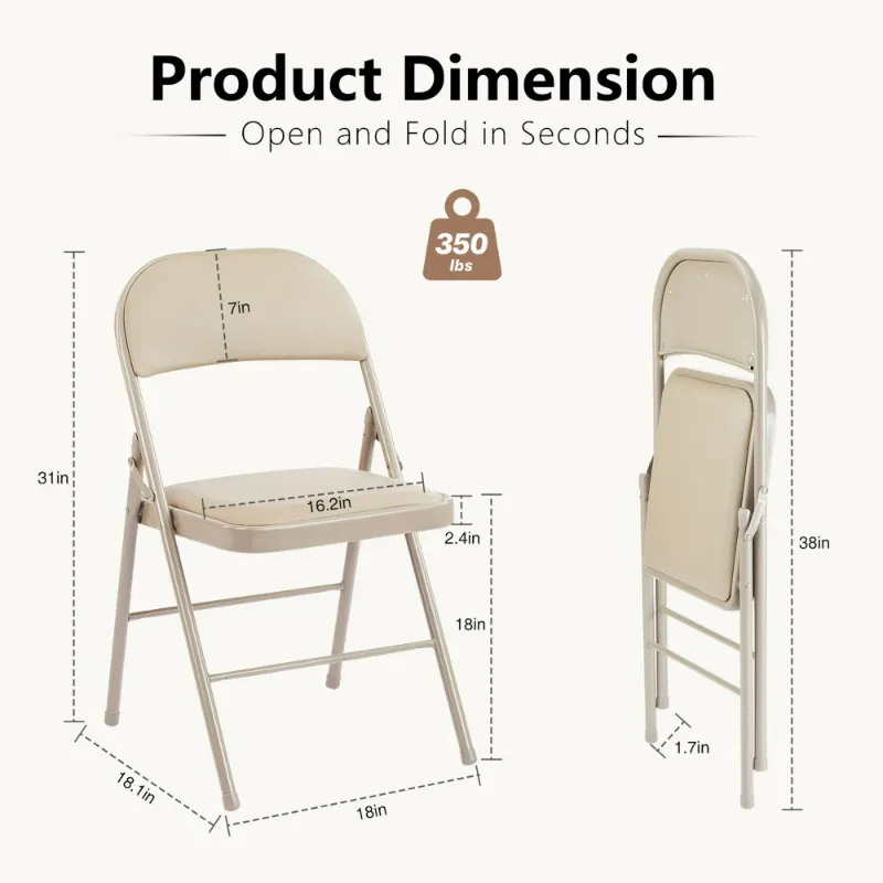 Photo 1 of *Dented/Paint Peeling* CONCETTA 4 Pack Folding Chair, Indoor Outdoor Portable Stackable Commercial Leather Padded Seat for Home, Office, Party, Kahki
