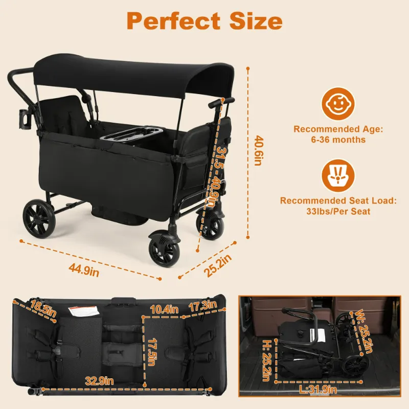 Photo 1 of *Scratches* Vomeast Wagon Stroller for Kids, Spacious 2-Seater Stroller Wagon with Adjustable Canopy, Pull & Push Handle, 5-Point Harness, Foldable for Toddlers, Black