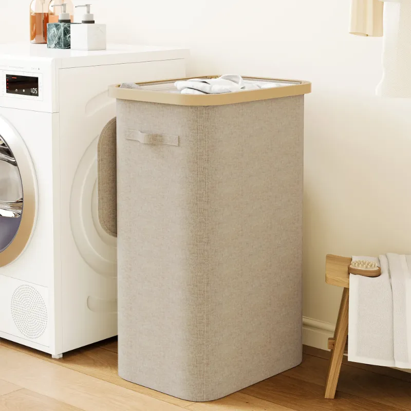 Photo 1 of *Bag inside* BGTREND Slim Laundry Hamper with Lid 110L Foldable Clothes Basket with Removable Mesh Bag & Handle for Closet Bathroom Bedroom (Beige)
