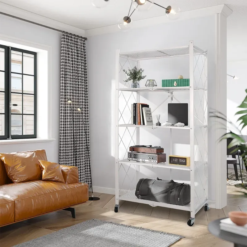 Photo 1 of *Scratches* COOKCOK 5-Tier Storage Shelving Unit, Metal Shelf 27.9"x13.4"x62.5, Foldable Storage Shelf with Wheels, Garage Shelf, Metal Storage Rack, Kitchen Shelf with 4 Hooks, No Assemble Require, White
