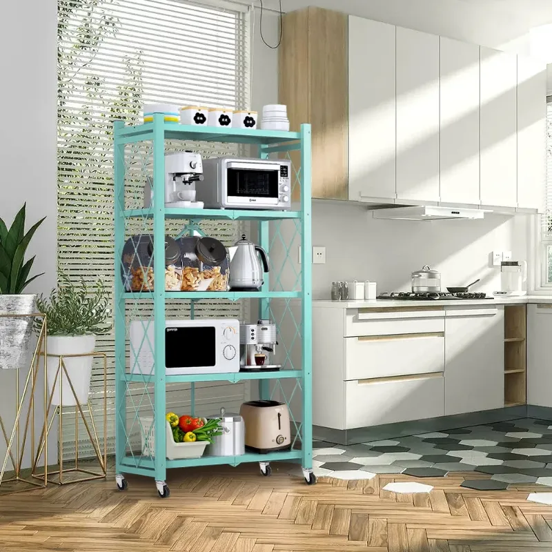 Photo 1 of *Hardware bag rusted?* COOKCOK 5-Tier Storage Shelving Unit, Metal Shelf 27.9"x13.4"x62.5, Foldable Storage Shelf with Wheels, Garage Shelf, Metal Storage Rack, Kitchen Shelf with 4 Hooks,No Assemble Require,Blue

