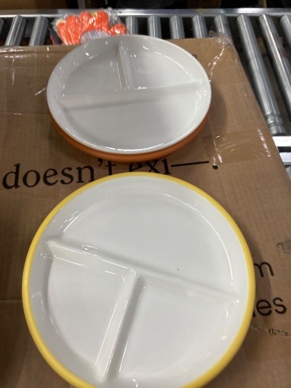 Photo 1 of **ONLY 2 PLATES WITH 4 SLEEVES**Domensi 4 Pcs 8" Large Porcelain Kids Plates with Anti-slip Silicone Sleeve Ceramic Divided Plate with Suction for Toddler Eating Microwave Dishwasher Friendly (Light Yellow,Light Green,Orange,Blue)