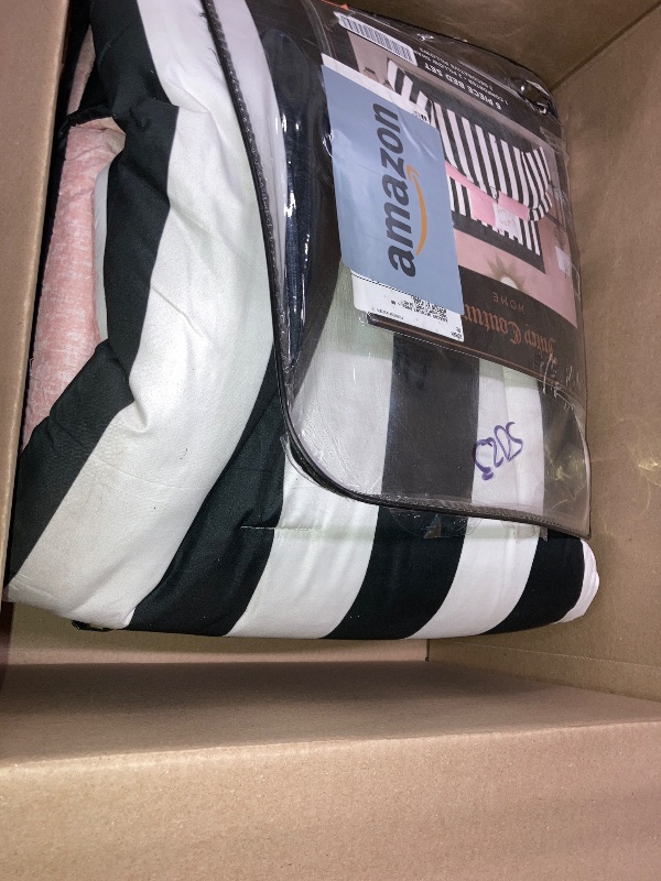 Photo 1 of **NOTE: NEEDS TO BE WASHED**  Juicy Couture Cabana Stripe Reversible Bedding Set - Queen Size - Black and White Stripe Print – 6 Piece Set – Includes 1 90" x 90" Comforter, 3 Decorative Pillows, 2 Shams