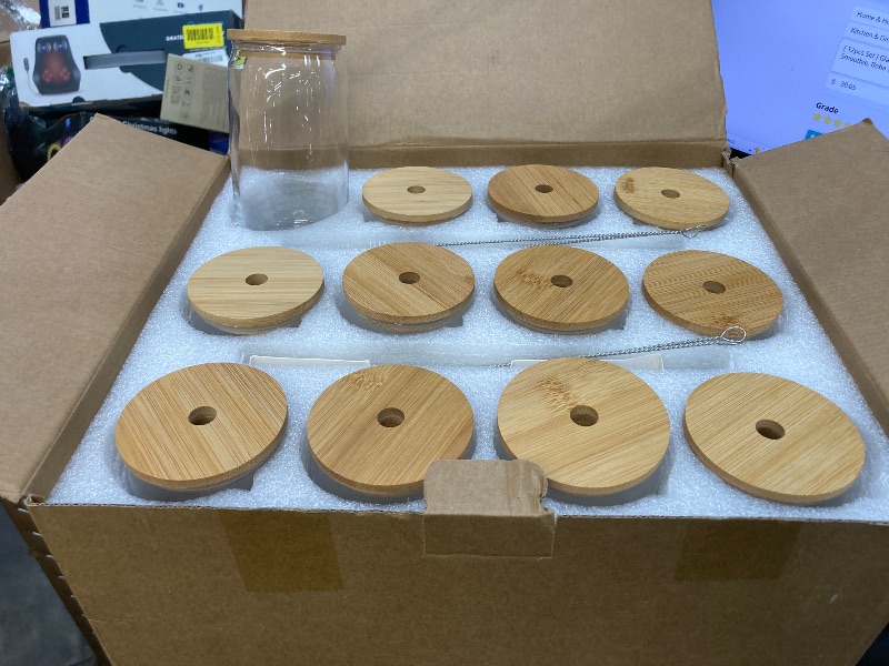Photo 1 of [ 12pcs Set ] Glass Cups with Bamboo Lids and Glass Straw - Beer Shaped Drinking Glasses, 16 oz Iced Coffee Glasses, Cute Tumbler Cup for Smoothie, Boba Tea, Whiskey, Water - 4 Cleaning Brushes