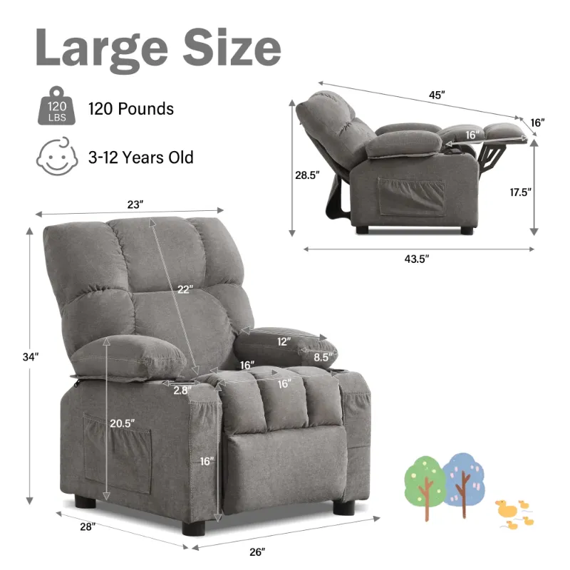 Photo 1 of ***Missing 1 cup holder***JONPONY Kids Recliner Chair,Push Back Toddler Recliner with Cup Holders & Side Pockets,Adjustable Footrest & Headrest Kids Sofa for Boys Girls 3+ Age Group, Grey***Missing 1 cup holder***