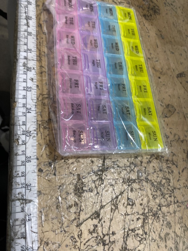 Photo 1 of 1 Piece Pill Medicine Organizer 28 Compartment Multicolor 7 Day Travel Medicine Case Morning Noon Night Backup A Day Daily Pill Box to Hold Vitamins, Medication