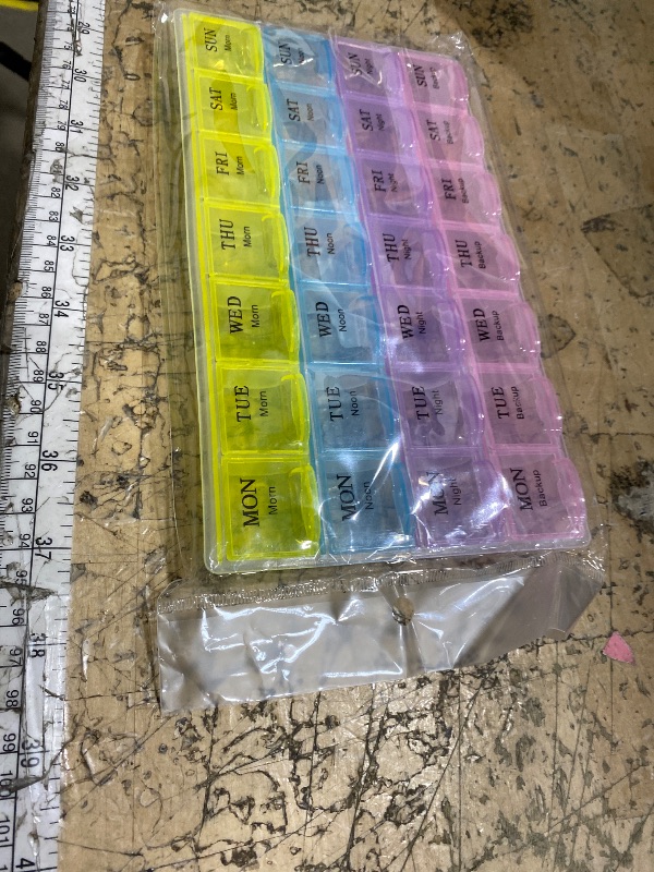 Photo 1 of 1 Piece Pill Medicine Organizer 28 Compartment Multicolor 7 Day Travel Medicine Case Morning Noon Night Backup A Day Daily Pill Box to Hold Vitamins, Medication