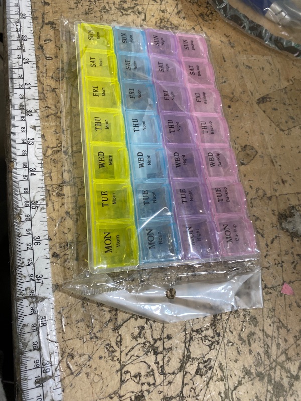 Photo 1 of 1 Piece Pill Medicine Organizer 28 Compartment Multicolor 7 Day Travel Medicine Case Morning Noon Night Backup A Day Daily Pill Box to Hold Vitamins, Medication