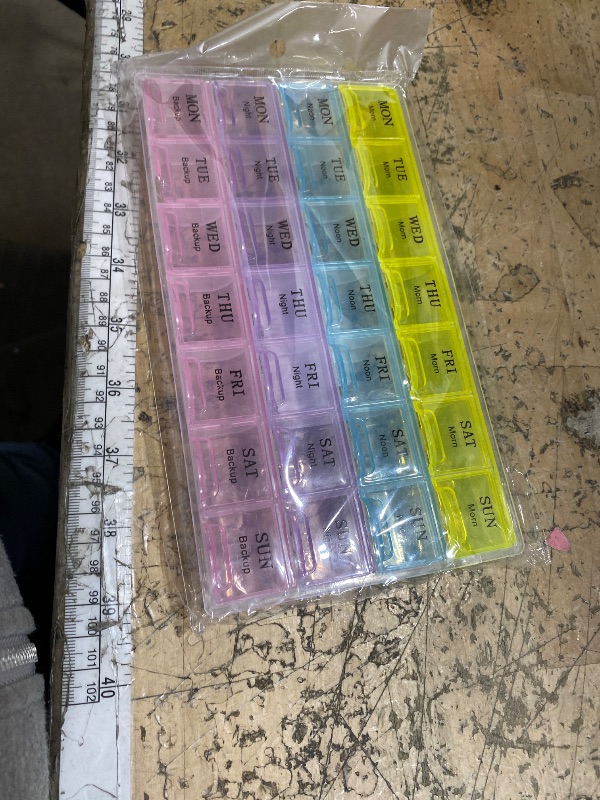 Photo 1 of 1 Piece Pill Medicine Organizer 28 Compartment Multicolor 7 Day Travel Medicine Case Morning Noon Night Backup A Day Daily Pill Box to Hold Vitamins, Medication