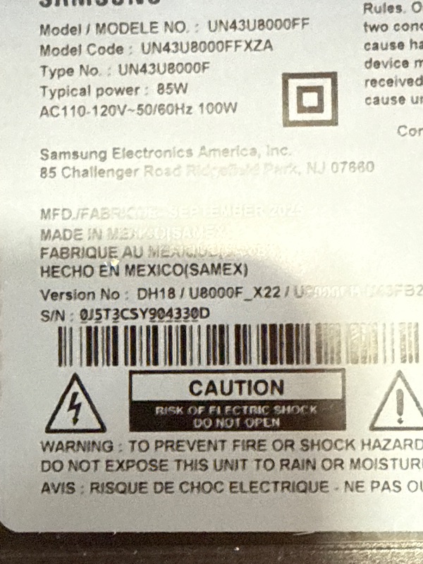 Photo 1 of **PARTS ONLY** Samsung 43-Inch Class Crystal UHD U8000F 4K Smart TV (2025 Model) Endless Free Content, Crystal Processor 4K, MetalStream Design, Knox Security, Alexa Built-in
