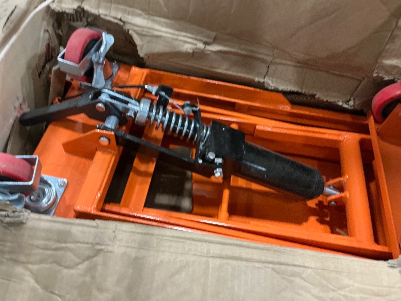 Photo 1 of (sold as parts/untested) VEVOR Hydraulic Lift Table Cart, 330lbs Load Capacity 50 Inch Lifting Height, Manual Single Scissor Lift Table with Non-Slip Pad and 4 Wheels, Alloy Steel, Orange