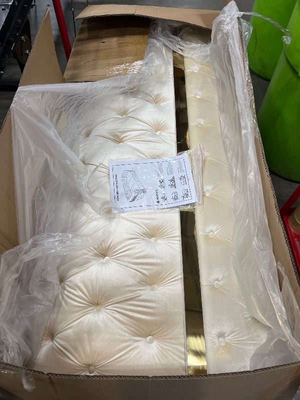 Photo 1 of **BOX 1 OF 2** KEIKI 85" Luxury Oversized Velvet Chesterfield Sofa with 2 Pillow & Gold Stainless Decoration, Italian Modern Style 3-Seater Button Tufted Couch with Rolled Arms, Easy Assembly, for Living Room, Beige